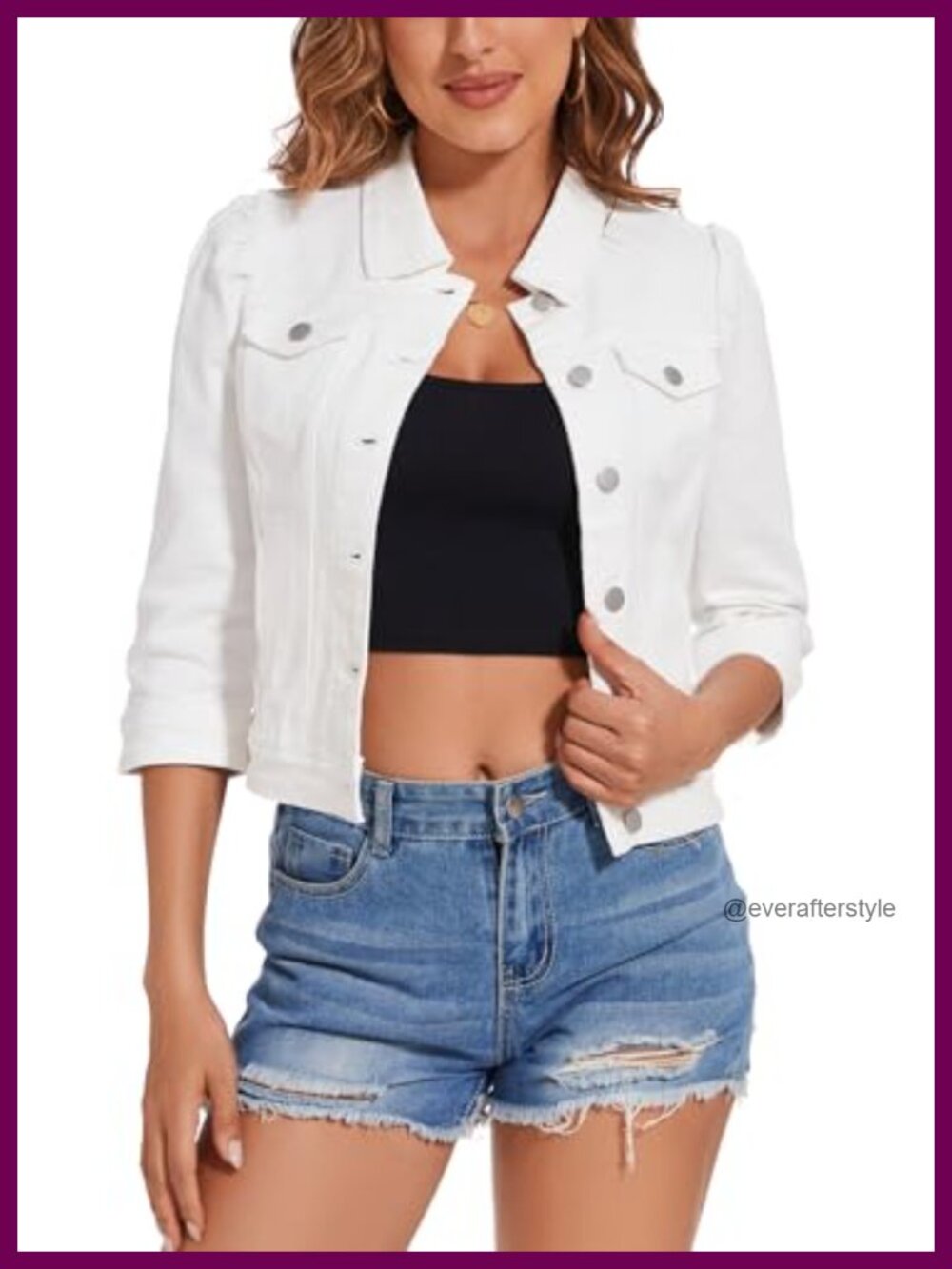 Cropped Denim Jacket 3/4 Puff Sleeve Stretch Distressed with Pockets